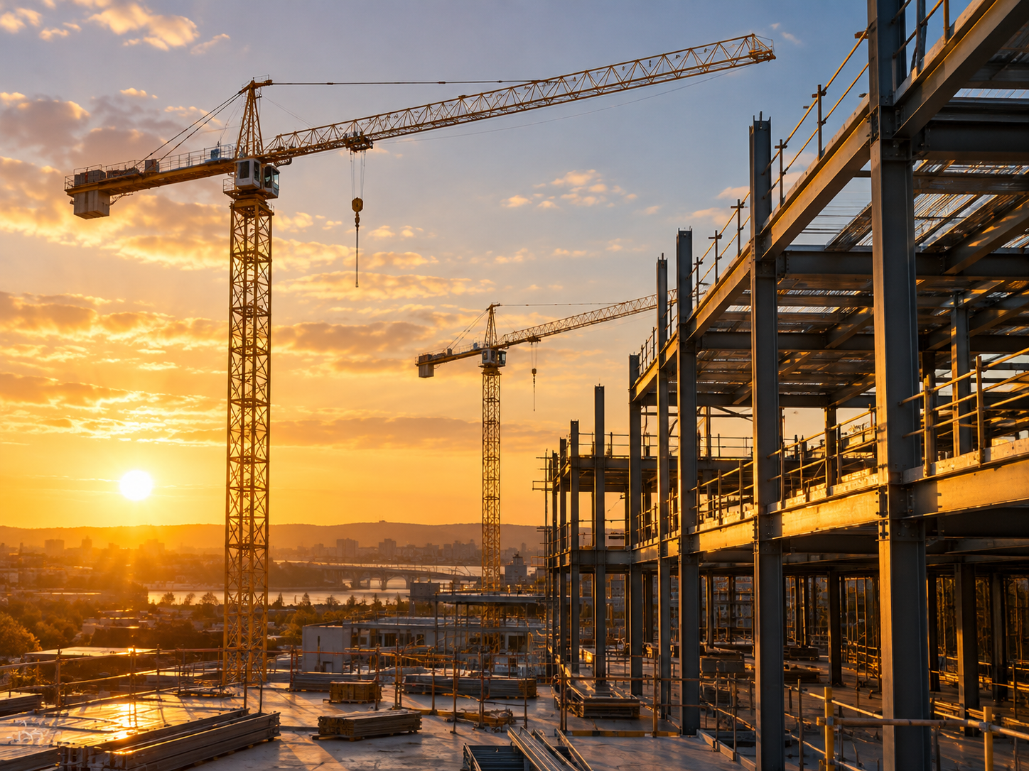 Construction site with steel framework and two tower cranes during sunset.