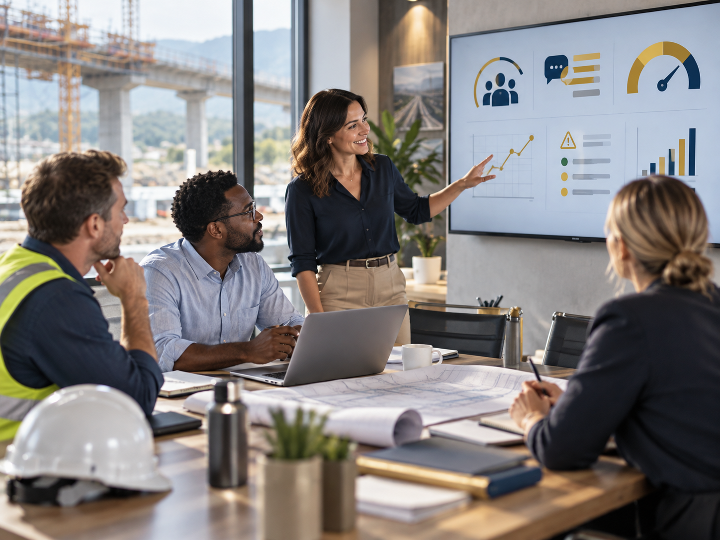A woman presenting data to a group of colleagues in a modern conference room with large windows overlooking a construction site. The woman points at a screen displaying graphs and charts, while colleagues listen attentively, some taking notes or using laptops.