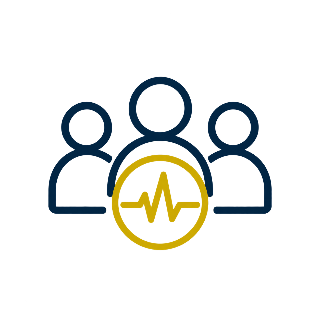 Outline of three people with a yellow medical heartbeat icon in the foreground.