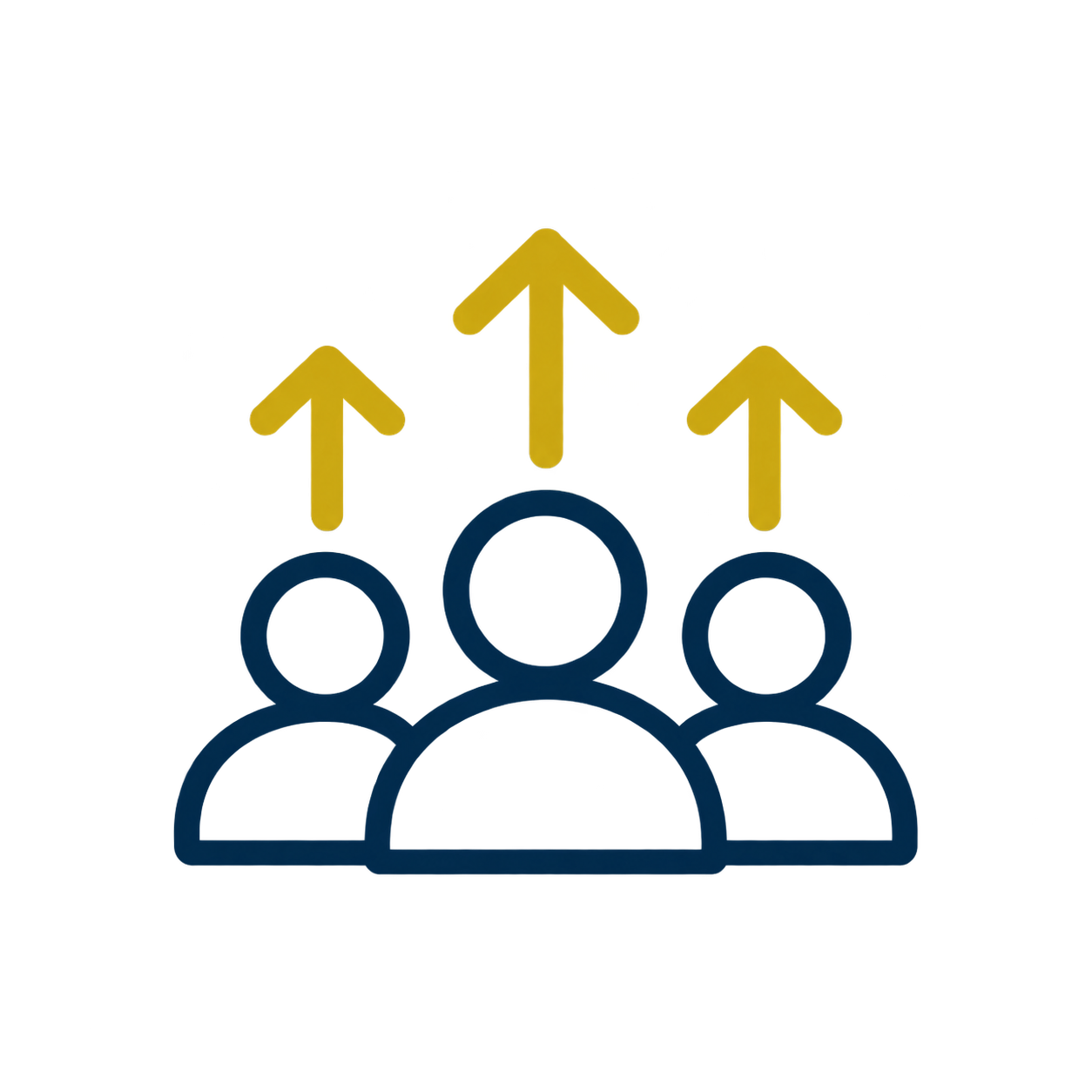 Icon of three people with upward arrows indicating growth or progress behind them.