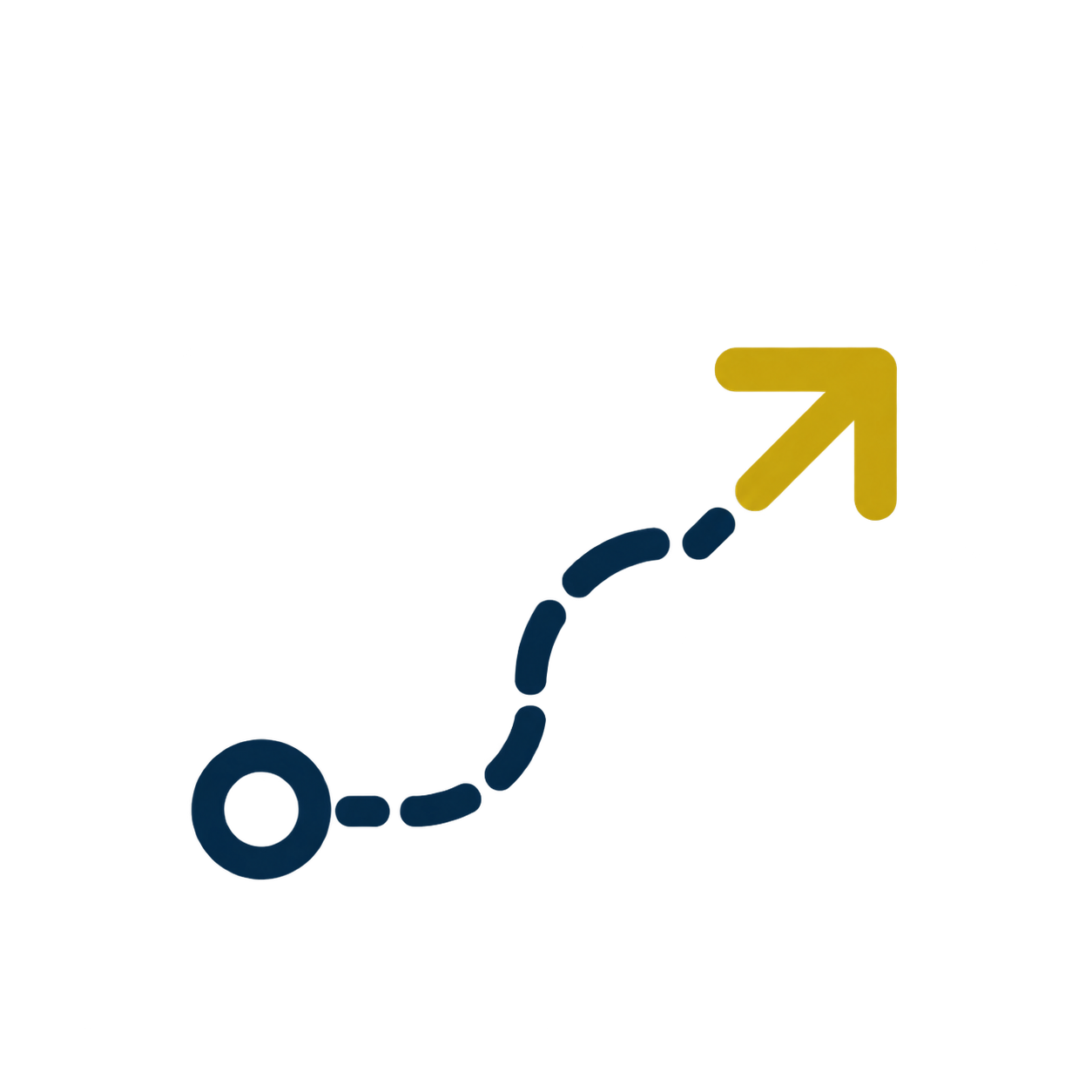 A diagram showing a dotted blue path starting from a circle labeled 'O' and leading to an upward yellow arrow, representing movement or progress.