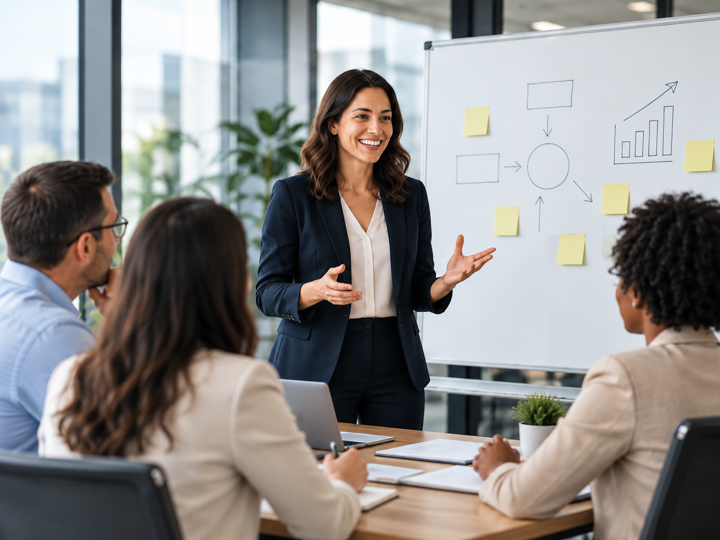 A woman in a dark suit giving a presentation to three people in a meeting room with a whiteboard and charts.