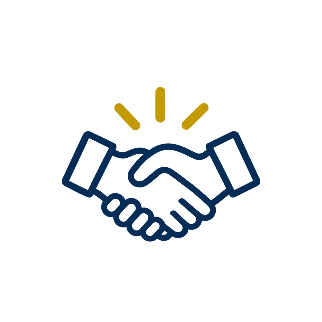 Neon icon of two hands shaking with yellow lines above, symbolizing agreement or partnership.