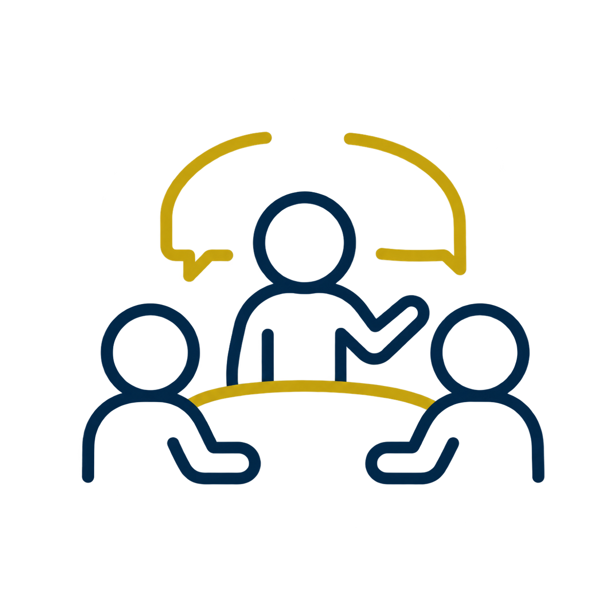 Outline of three people sitting around a table with a person presenting or speaking to them, with speech bubbles indicating communication or discussion.
