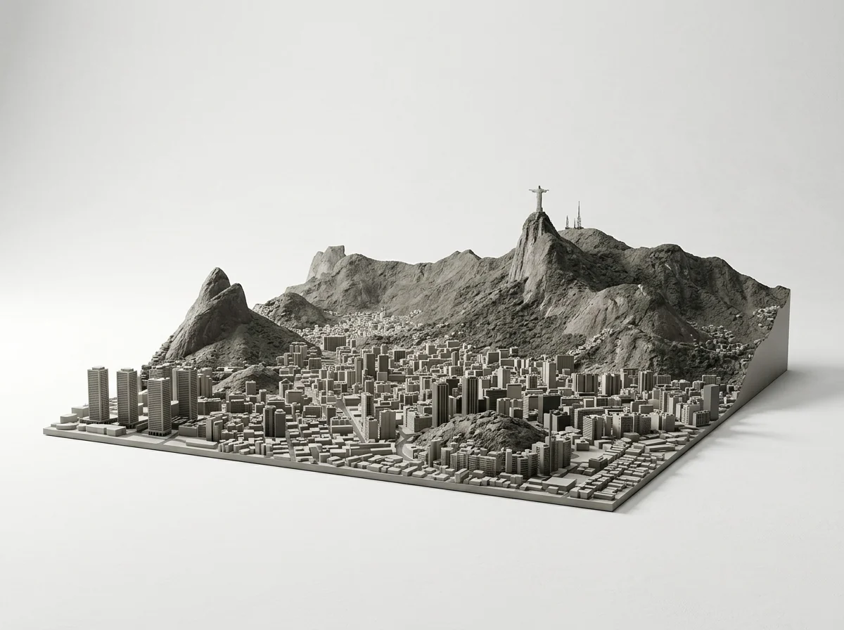 Modèle réduit représentant une vue de Rio de Janeiro avec le mont Corcovado, la statue du Christ Rédempteur au sommet, et des bâtiments urbains en premier plan.