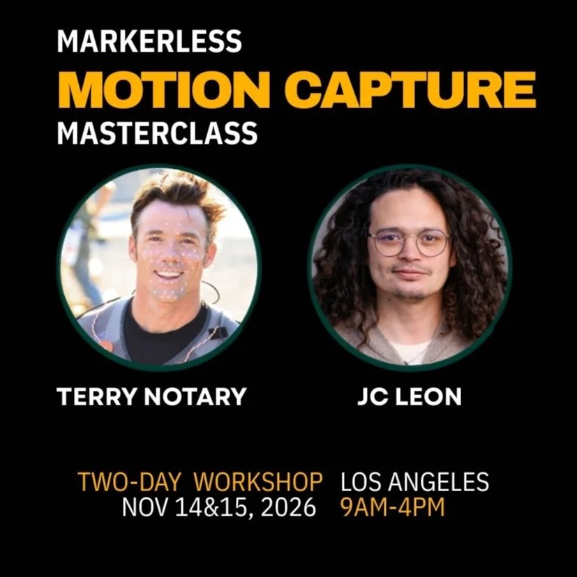 Flyer for a two-day workshop on markerless motion capture featuring Terry Notary and JC Leon in Los Angeles on November 14 and 15, 2026, from 9 am to 4 pm.