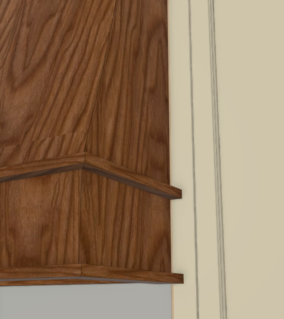 Dark brown stained white oak hood rendering, shown to from the same angle as the finished picture