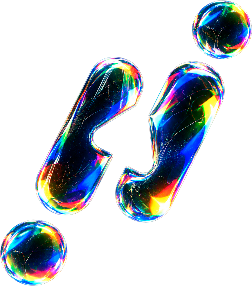 Ilustración abstracta de dos formas curvas y tres esferas de vidrio iridiscente con colores neón sobre fondo negro