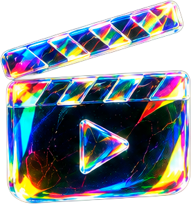 Ícono de reproducción de video iridiscente con botón triangular y barra superior multicolor sobre fondo negro