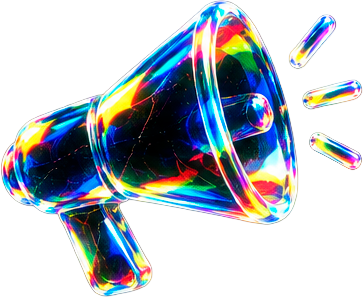 Megáfono holográfico multicolor con ondas sonoras sobre fondo negro