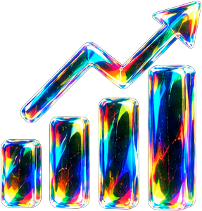 Gráfica de barras ascendente con flecha multicolor hacia arriba sobre fondo negro, símbolo de crecimiento y aumento.