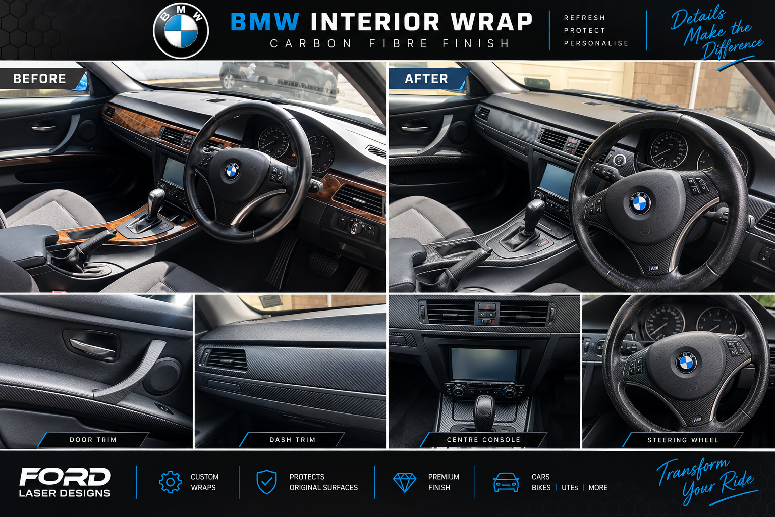 Comparison of car interior before and after application of BMW interior wrap, showing dashboard, steering wheel, door trim, and center console details.