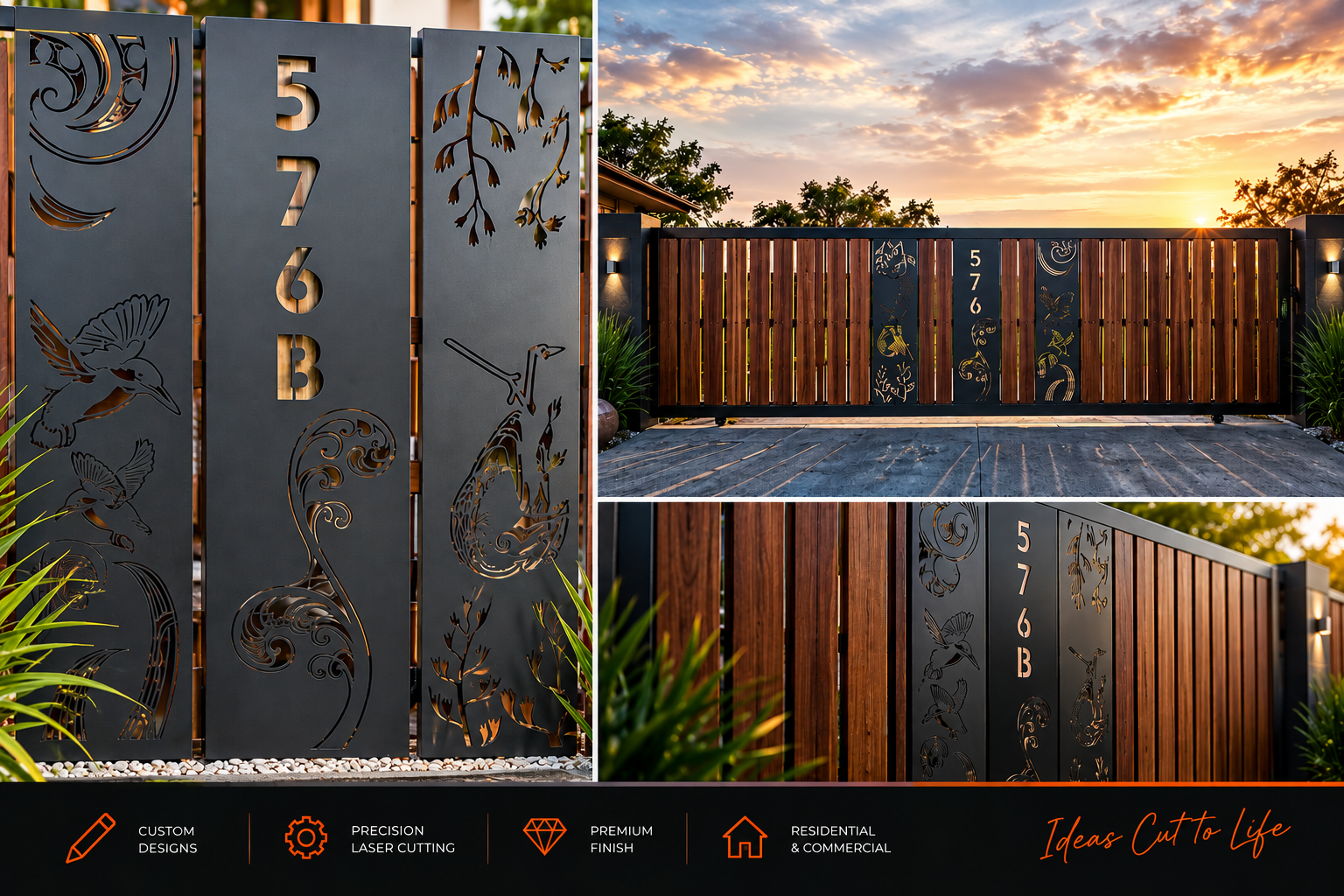 Decorative metal gate with cutout designs of a hummingbird, a tree, leaves, a moon, and spiral patterns, featuring the house number 576B, with a sunset sky in the background and lush greenery.