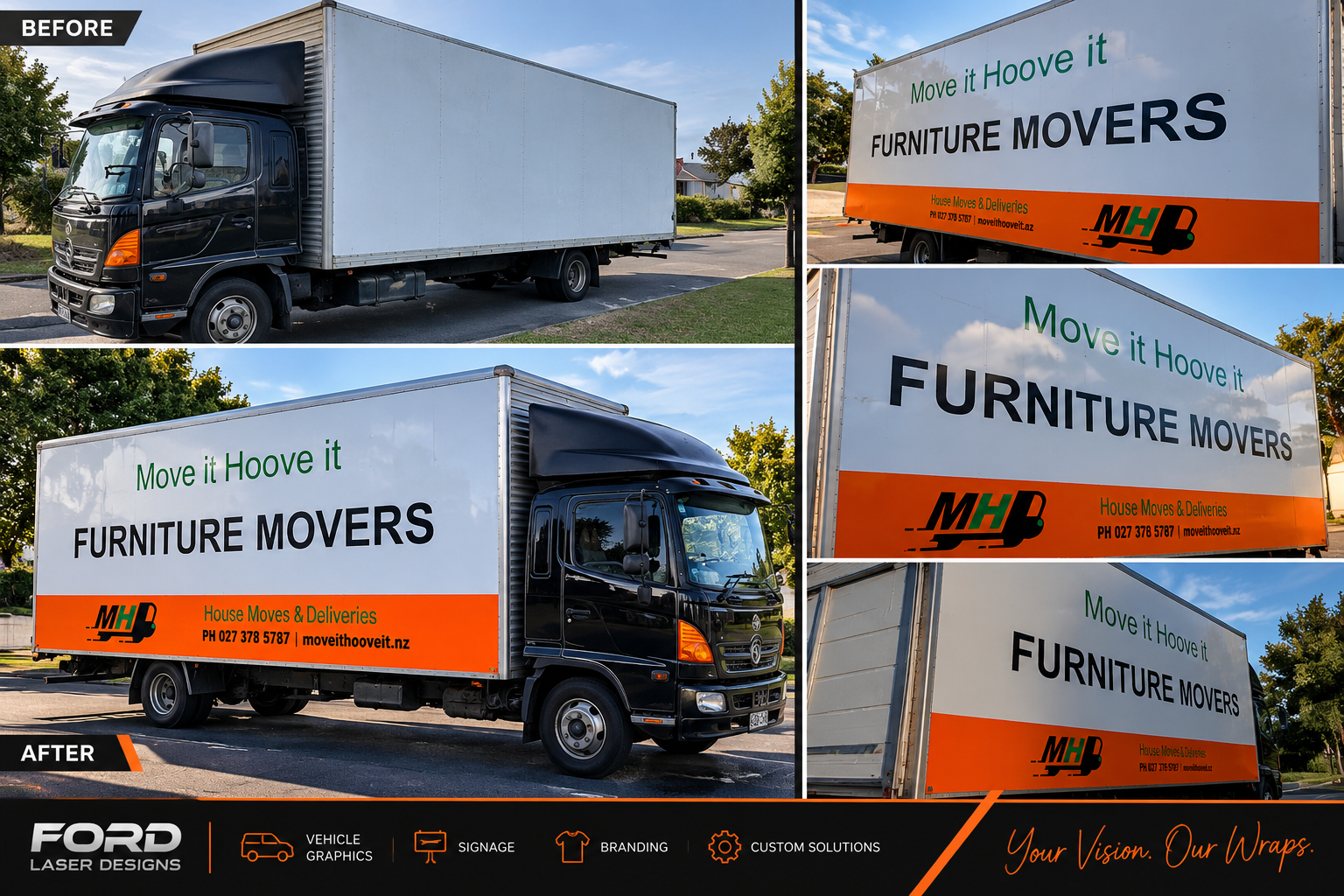 A large black moving truck with a white cargo area parked in a lot, featuring signage for a furniture moving service with the slogan 'Move it Hoove it' and contact information.