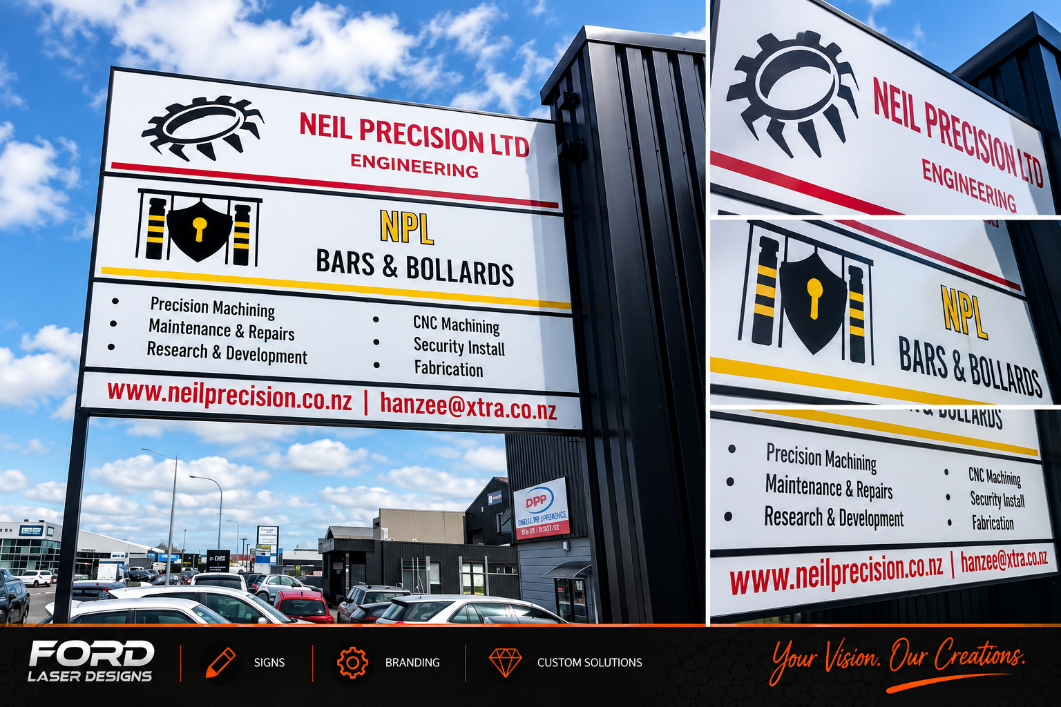 A large outdoor sign advertising Neil Precision Ltd, a company that makes bars and bollards. The sign lists services like precision machining, maintenance, research, CNC machining, security install, and fabrication. The company's website and email ar