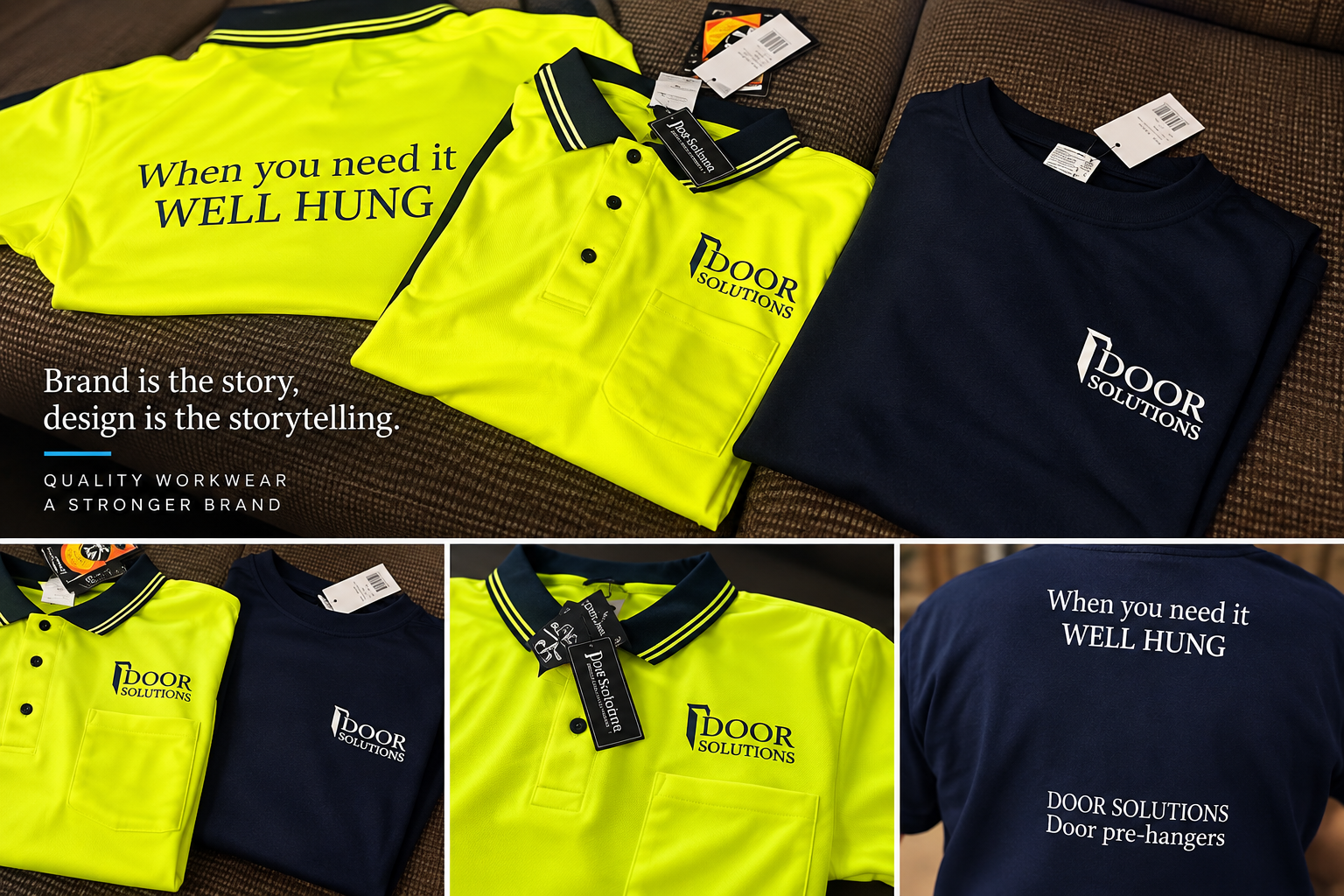 Bright yellow and navy blue work uniforms with 'Door Solutions' logos, displayed on a brown patterned surface. The yellow shirt has the slogan 'When you need it WELL HUNG' printed on the back, and another yellow shirt has the same logo. The navy blue