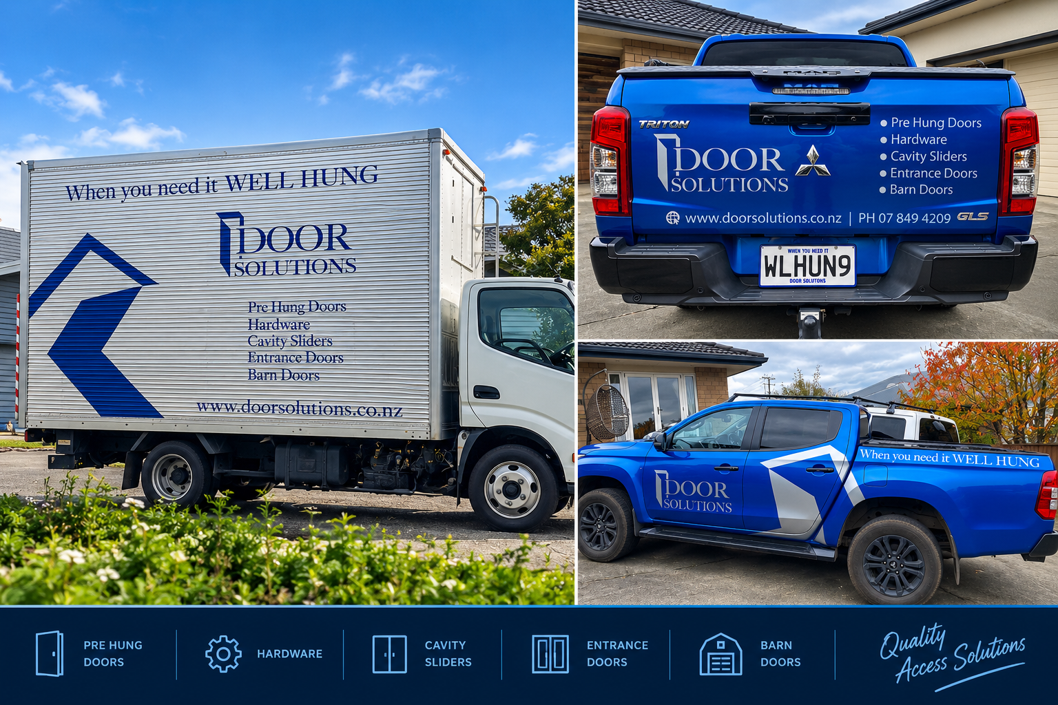 Various images of a blue truck and a blue pickup truck with advertising for Door Solutions. The truck has 