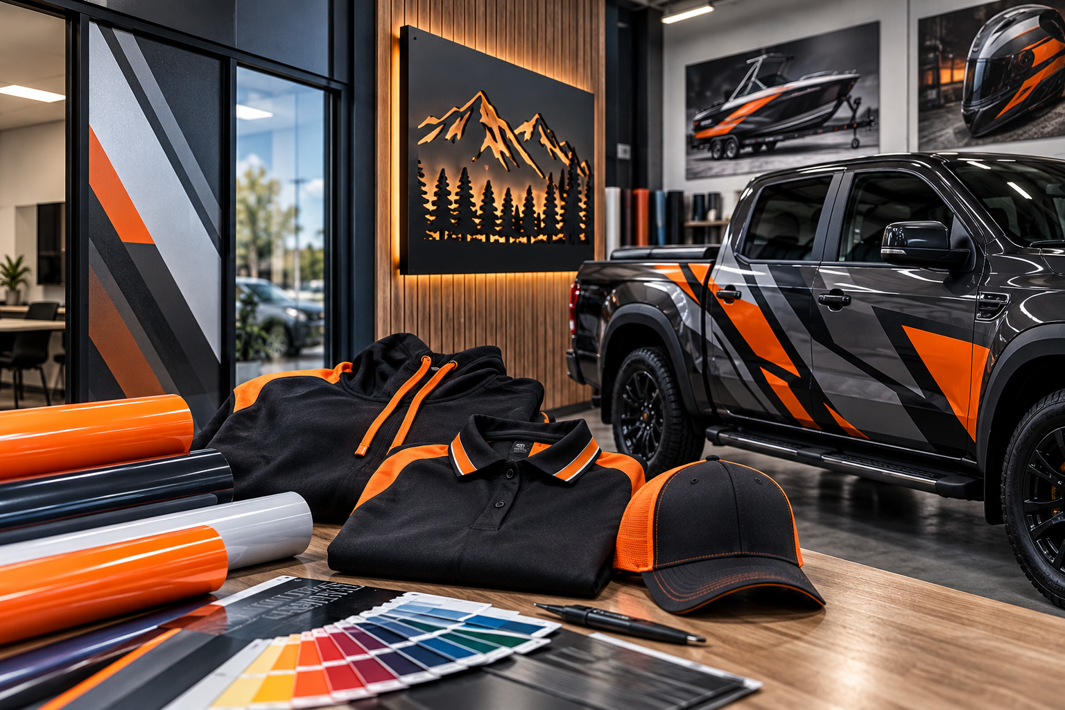 Inside an automotive showroom with a black and orange pickup truck, automotive apparel, color swatches, and design materials on a wooden table, with artwork of a mountain landscape on the wall.