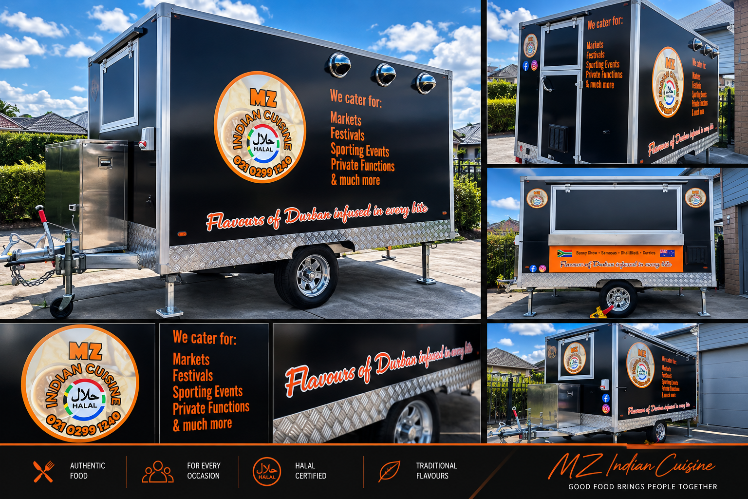 Black mobile food trailer with orange and white lettering, advertising MZ Indian Cuisine, offering authentic, halal, traditional Indian flavors for markets, festivals, sporting events, and private functions. The trailer features a large circular logo