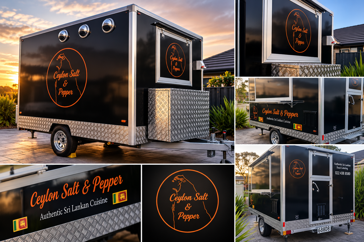 A black food truck with silver diamond plate accents, parked on paving stones at sunset. The truck has a logo with a map of Sri Lanka and the text "Ceylon Salt & Pepper" in orange. Additional text includes "Authentic Sri Lankan Cuisine" and a phone n