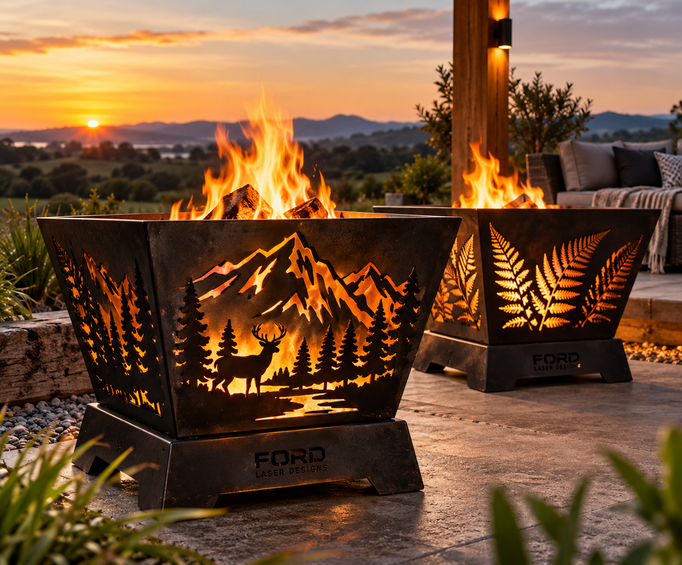Two decorative fire pits with mountain, forest, and deer designs burn during sunset in a backyard setting, with a view of distant mountains and a partly cloudy sky.