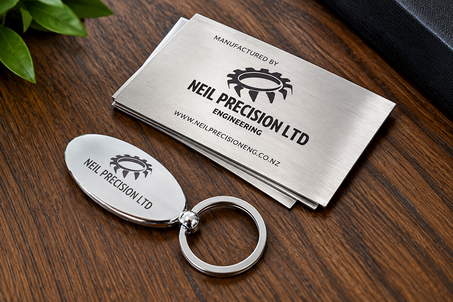 Metal business card and keychain with the logo and name 'Neil Precision Ltd' on a wooden surface.