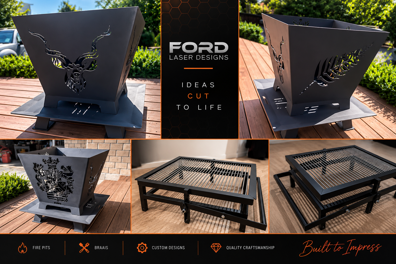 A collage of six images showcasing custom black metal fire pits and grills with intricate laser-cut designs, set outdoors on wooden surfaces with greenery in the background. The center panel has text promoting Ford Laser Designs, emphasizing ideas cu