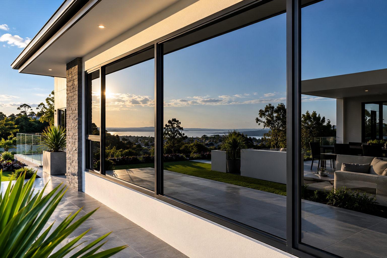 View of a modern house's patio and living area through large glass windows, with lush greenery and a body of water in the distance during sunset.