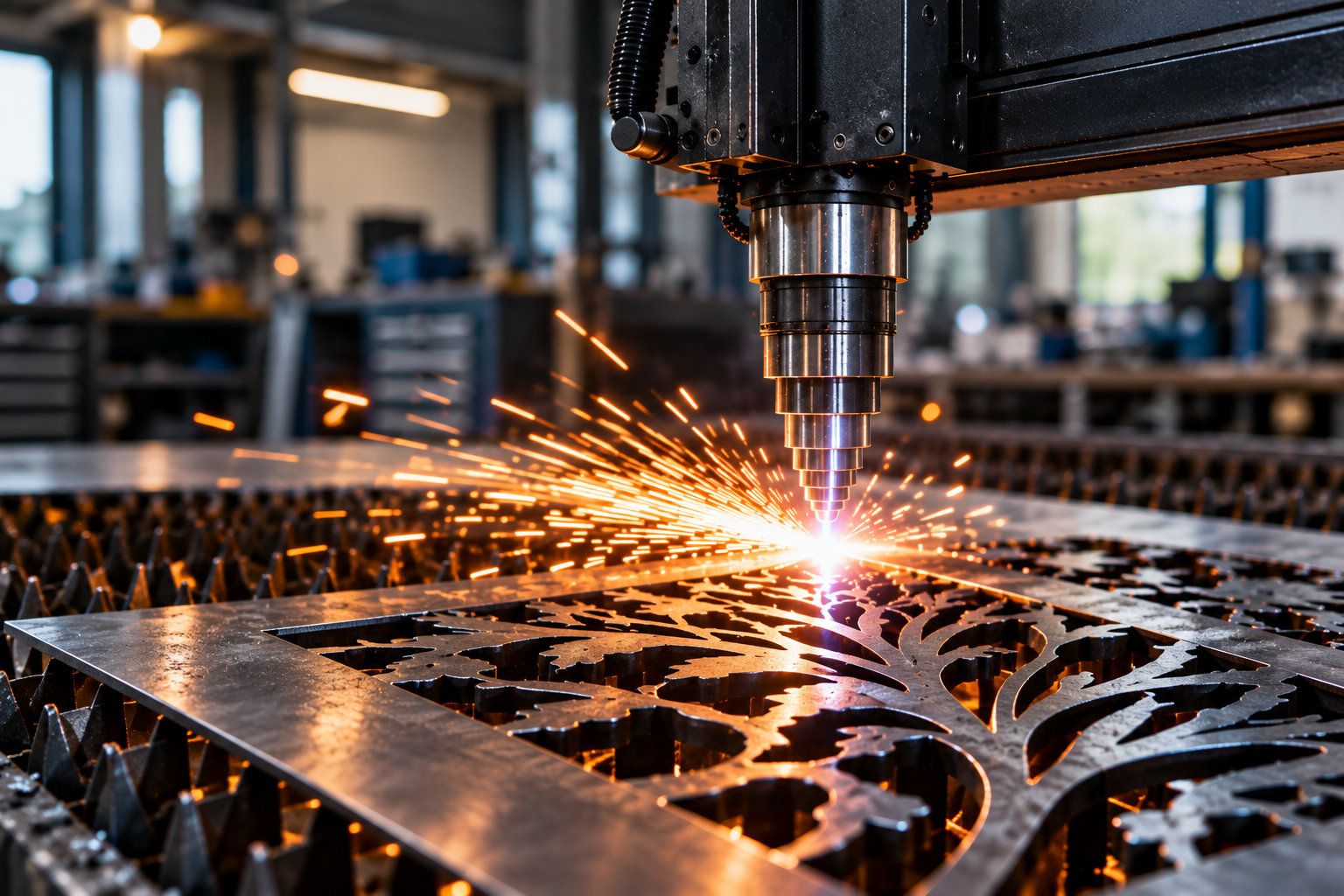A laser cutter slicing a design into a metal sheet with sparks flying in an industrial workshop.