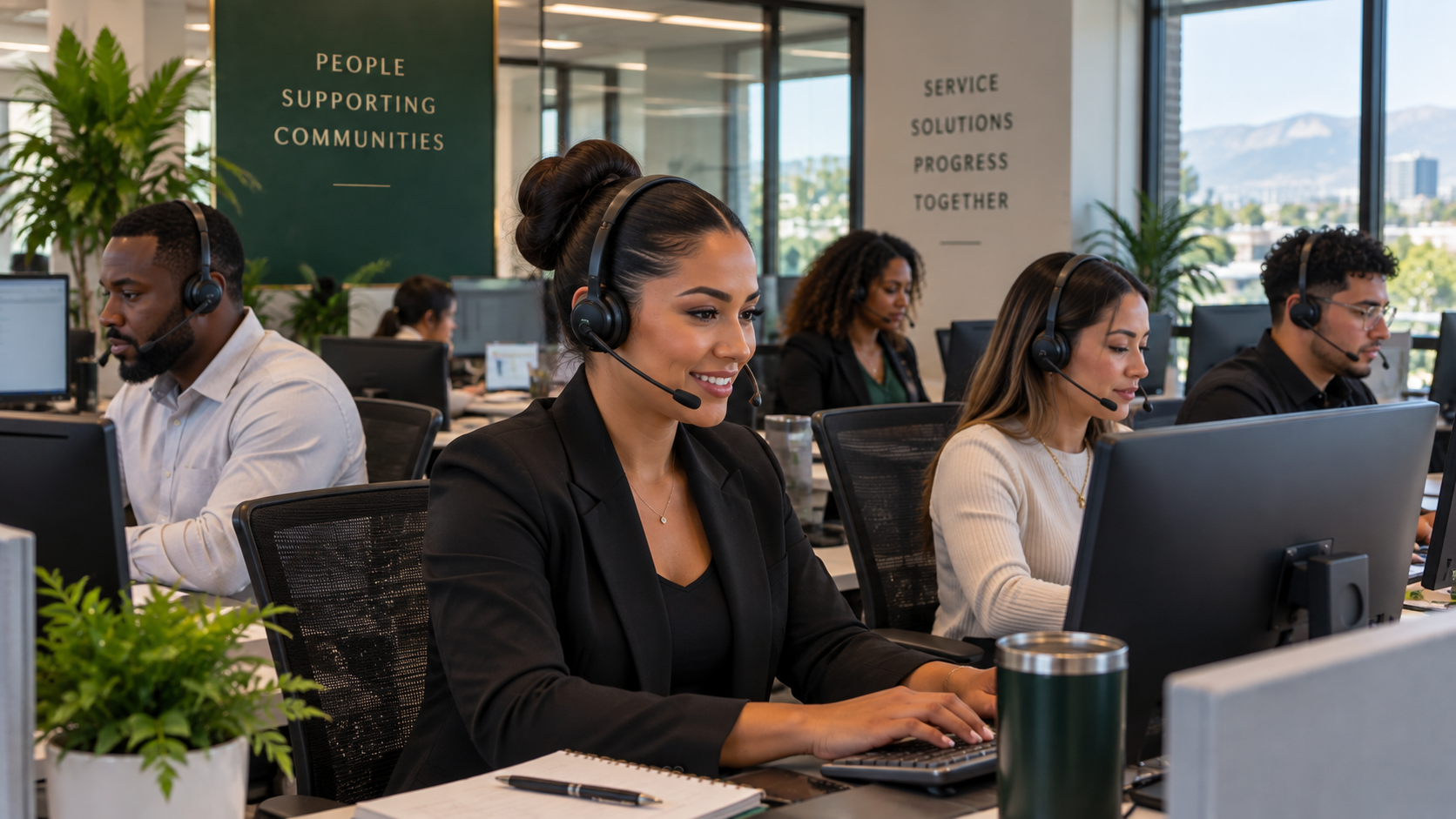 Office workers wearing headsets at workstations in a modern office, with large windows and cityscape in the background, featuring plants and inspirational signs.