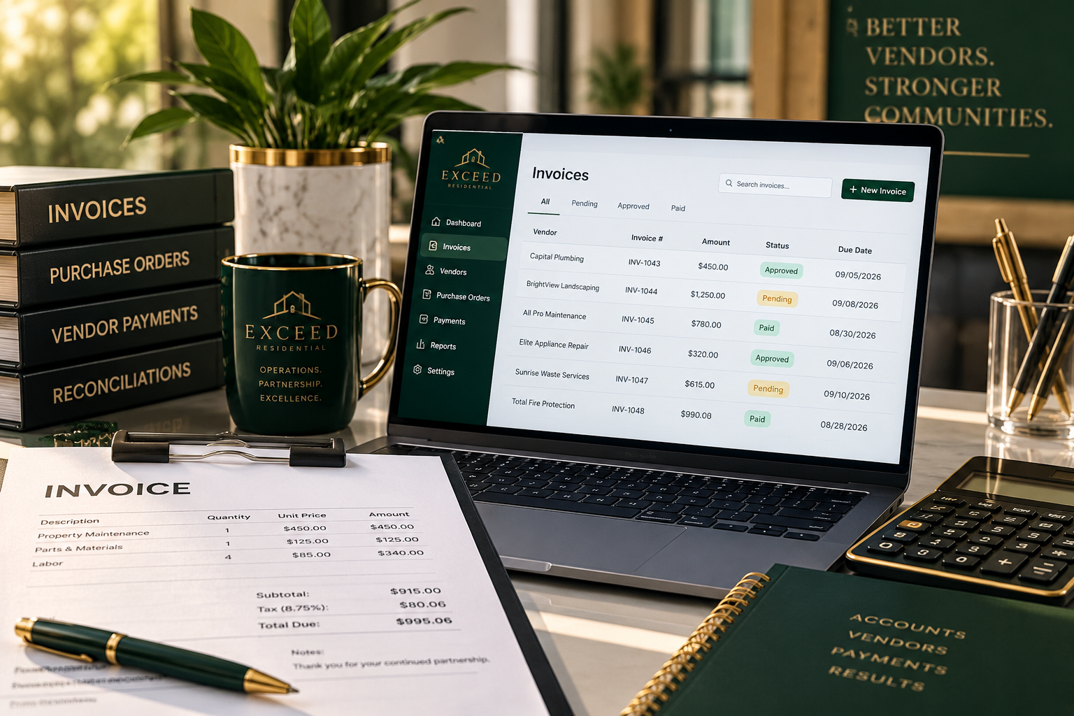 A desk with a laptop displaying an invoices management app, a coffee mug with the 'Exceeded Residential' logo, a stack of black binders labeled invoices and vendor payments, a calculator, a green planner titled 'accounts vendors payments results,' a printed invoice sheet, a pen, a glass jar with pens, and a potted plant in the background.