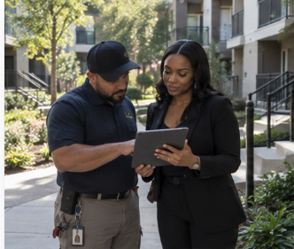 A man and woman standing outside in a residential area, looking at a tablet together. The man is wearing a dark polo shirt, a cap, and has a badge on his belt. The woman is dressed in a black blazer and has long dark hair.