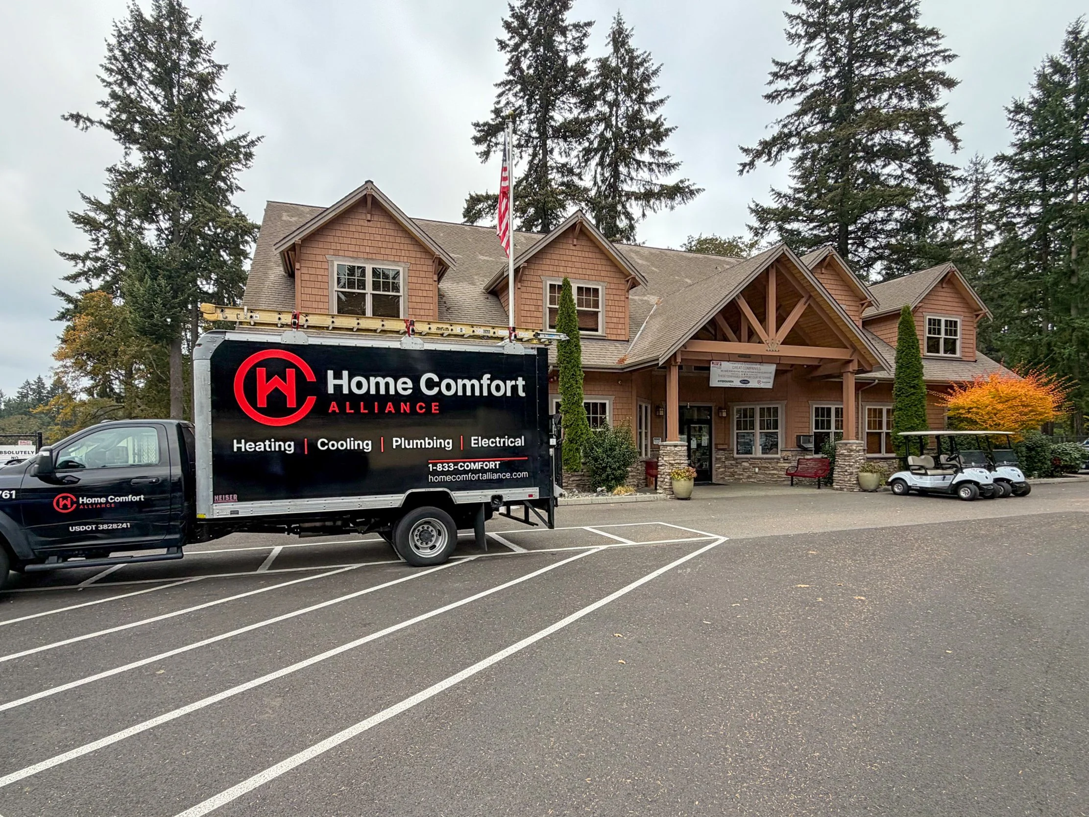 A Home Comfort Alliance truck delivers the new heating and cooling units to the American Lake Veterans Golf Course clubhouse.