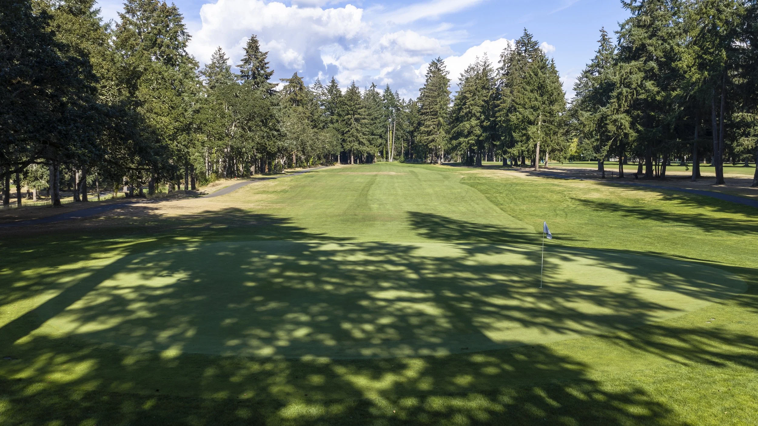 Hole 5 at American Lake Veterans Golf Course, showing the green and tree-lined fairway in Lakewood, Washington