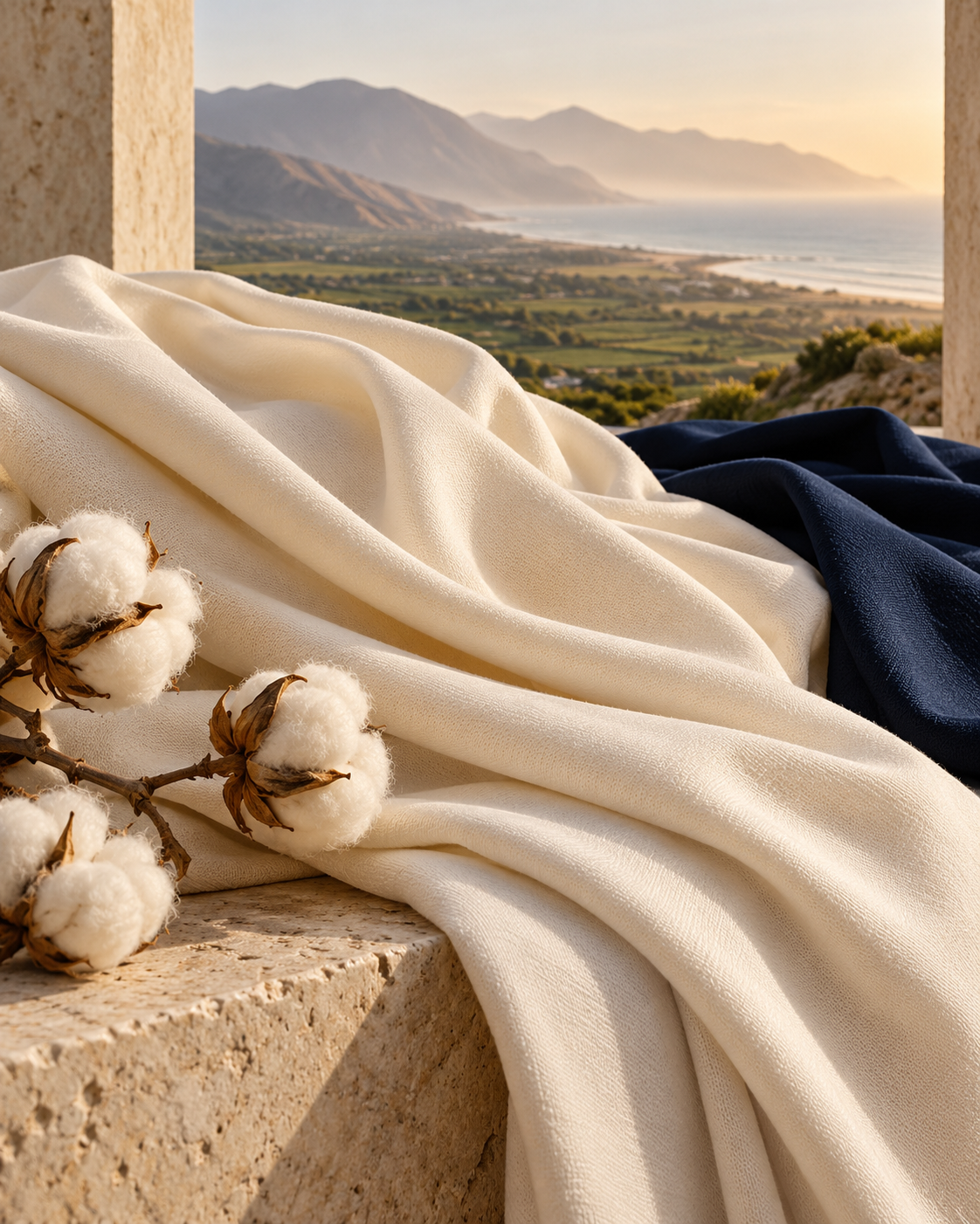 Cotton bolls and ivory and navy fabric in warm golden light, with a coastal landscape beyond.