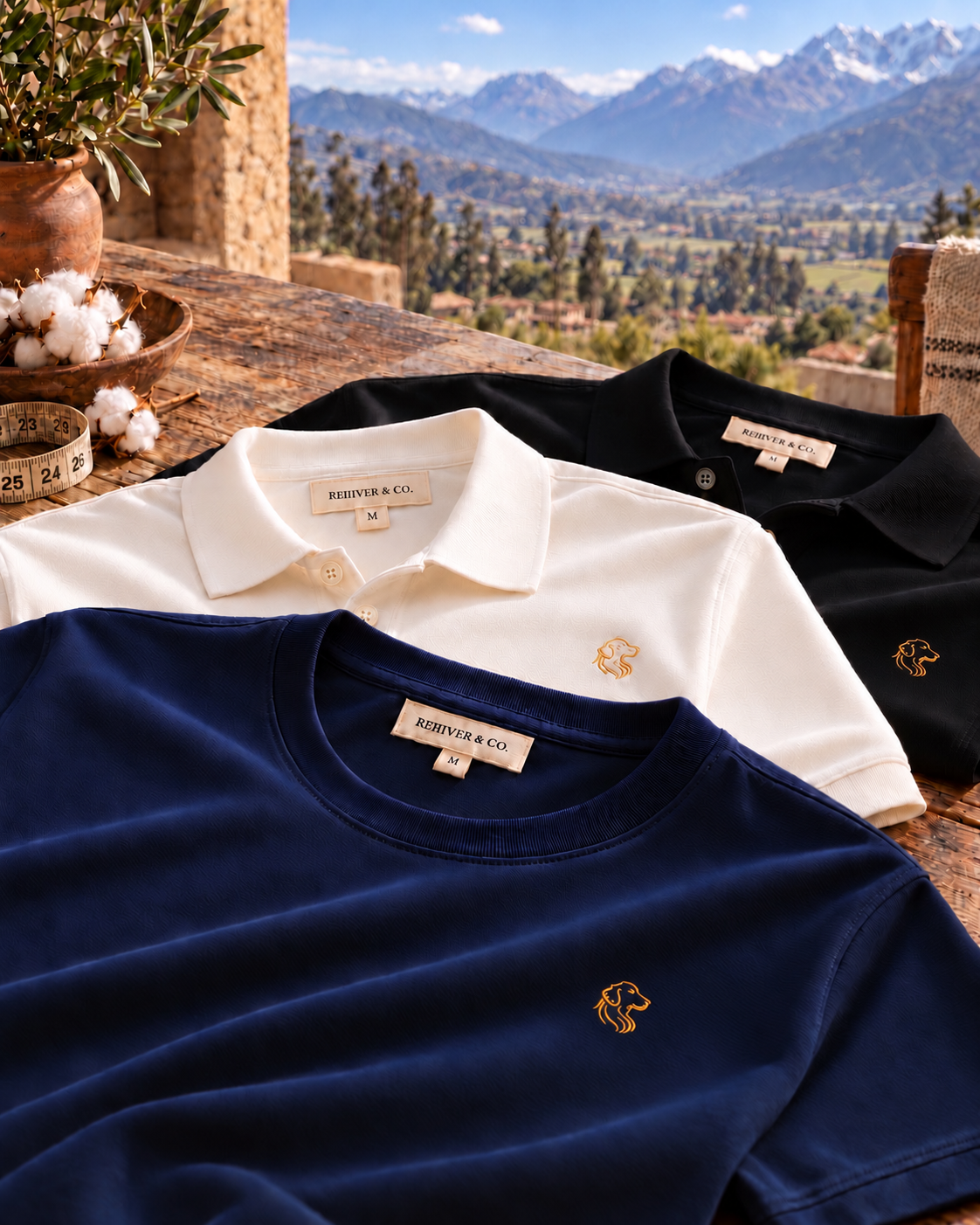 Concept preview of navy, ivory, and black REIIIVER & CO. apparel on a wooden table overlooking a Peruvian mountain valley.