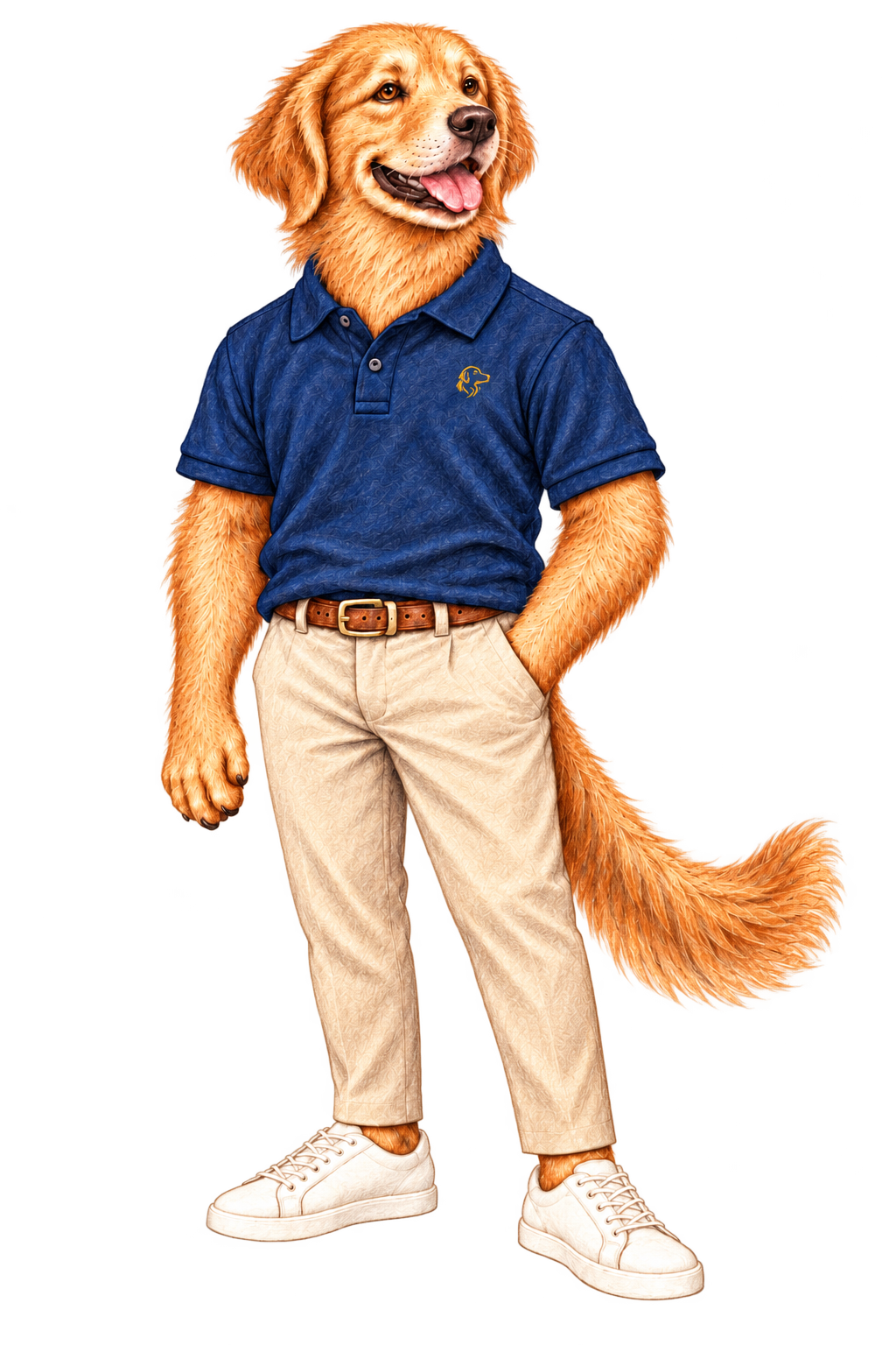 Colored-pencil illustration of the REIIIVER & CO. Golden Retriever wearing a navy polo, beige trousers and ivory sneakers.