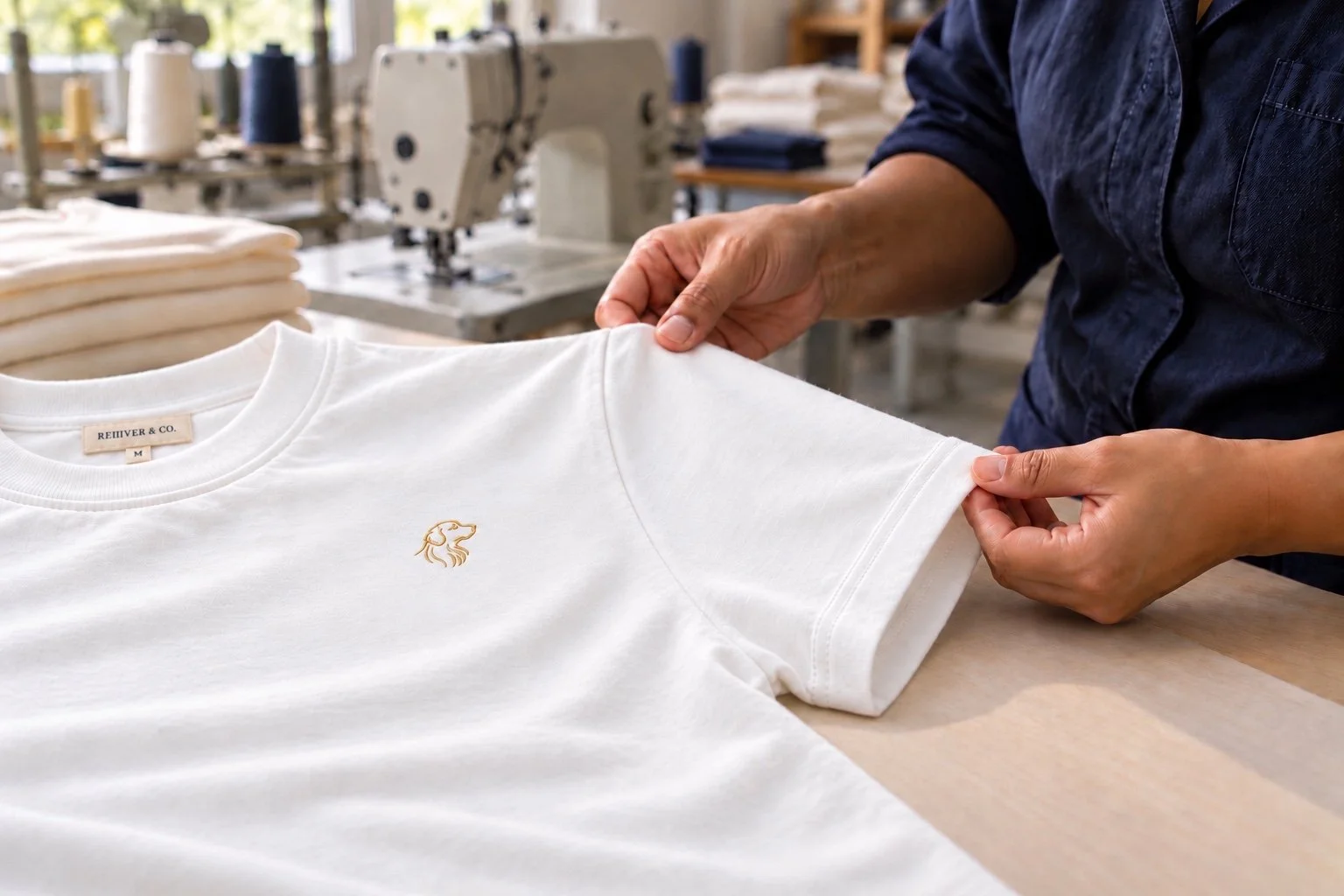 Conceptual image of hands inspecting the sleeve finish of a white REIIIVER & CO. T-shirt in a garment workshop.