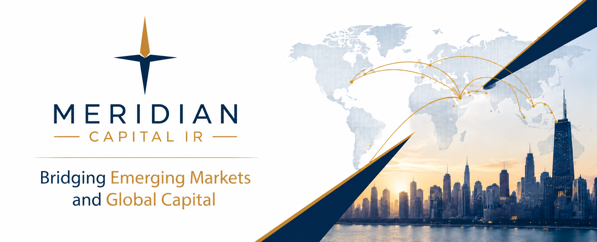 Meridian Capital IR logo with a stylized compass icon, a world map with connecting lines, and a city skyline at sunset.