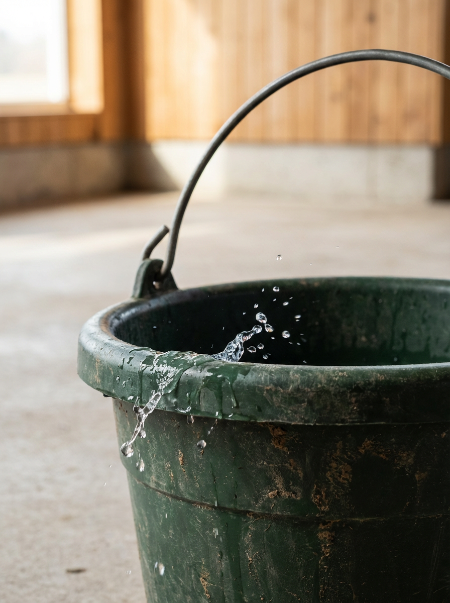 A green water bucket with a thin metal handle on a stable floor with a splash of water