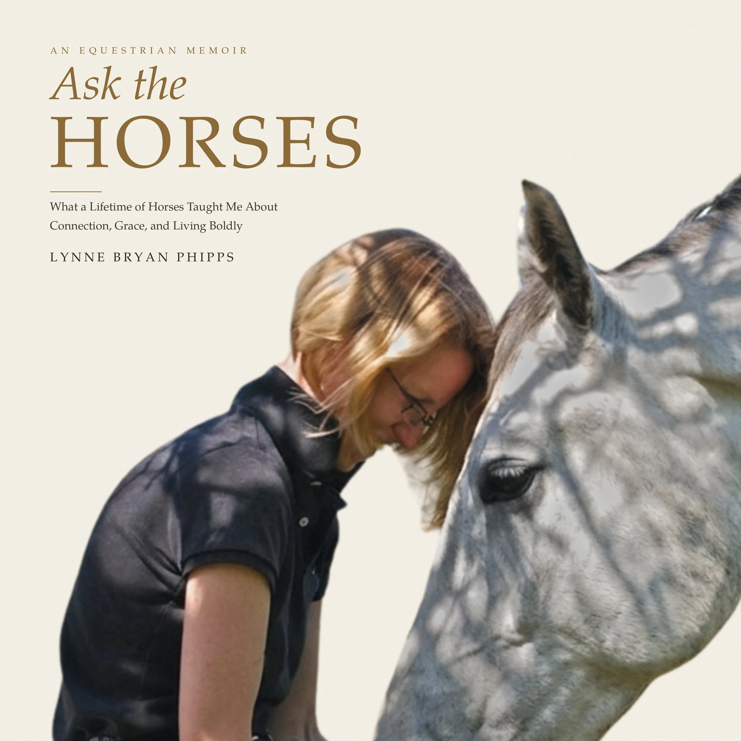 Blond woman white horse touching foreheads