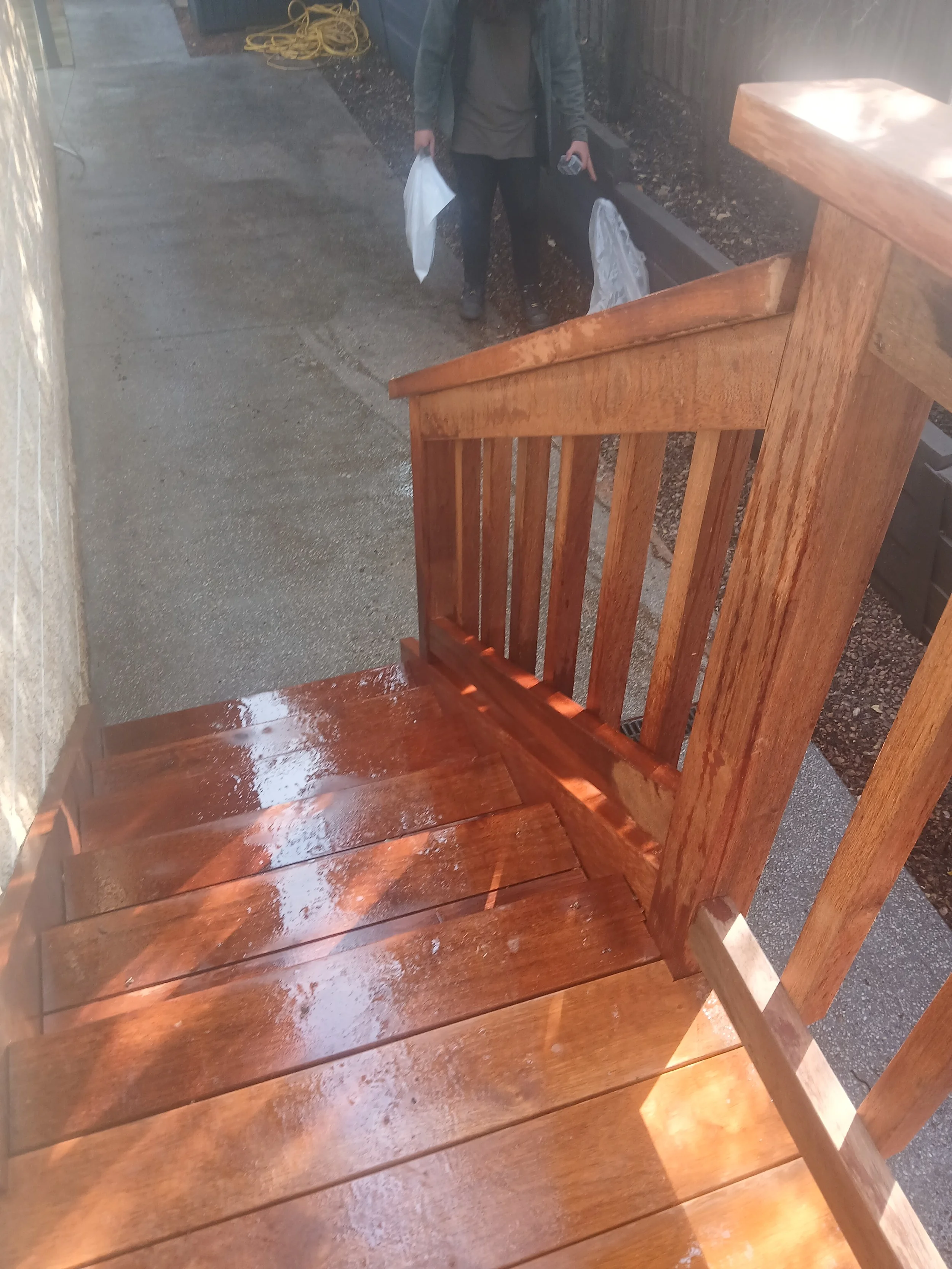treads made from 2 boards to allow space for water to drain and avoid cupping