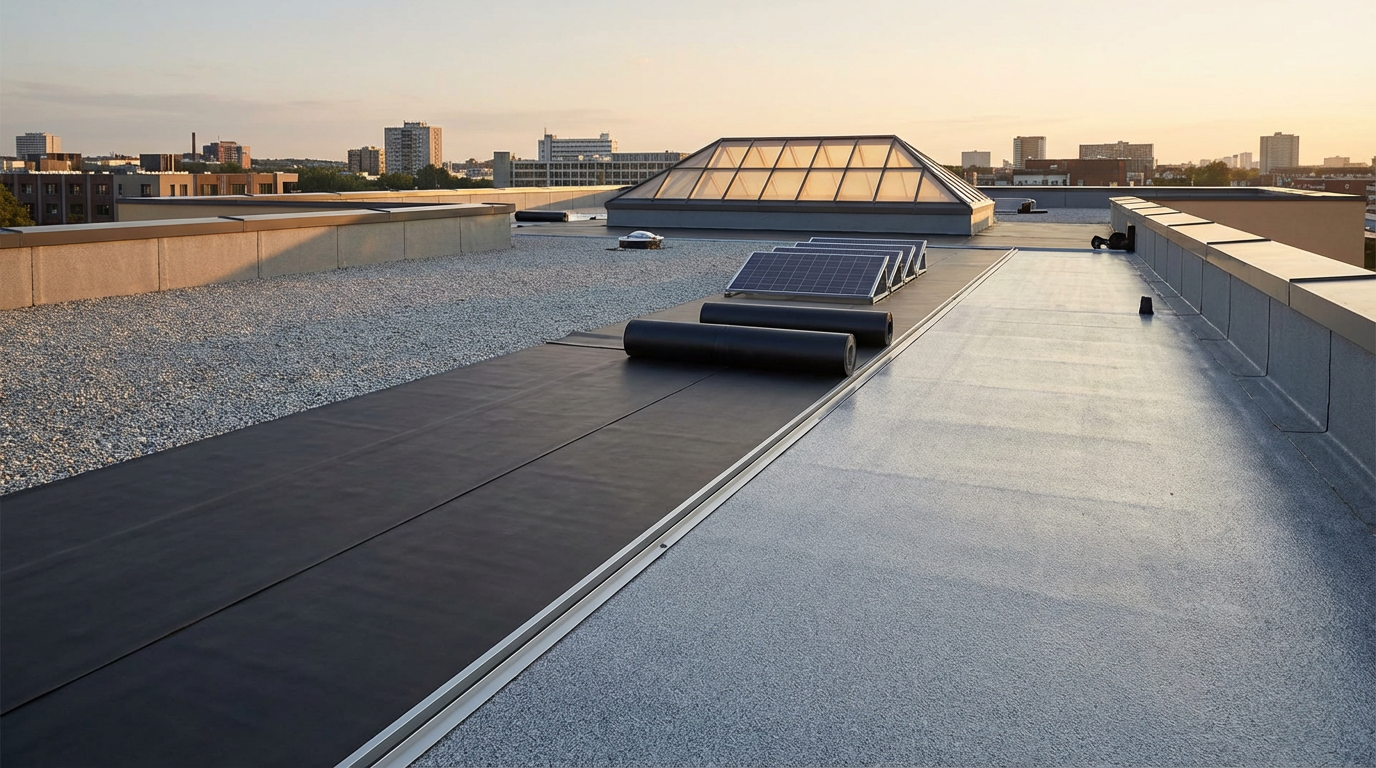 Rooftop with solar panels and skylight in an urban cityscape at sunset.