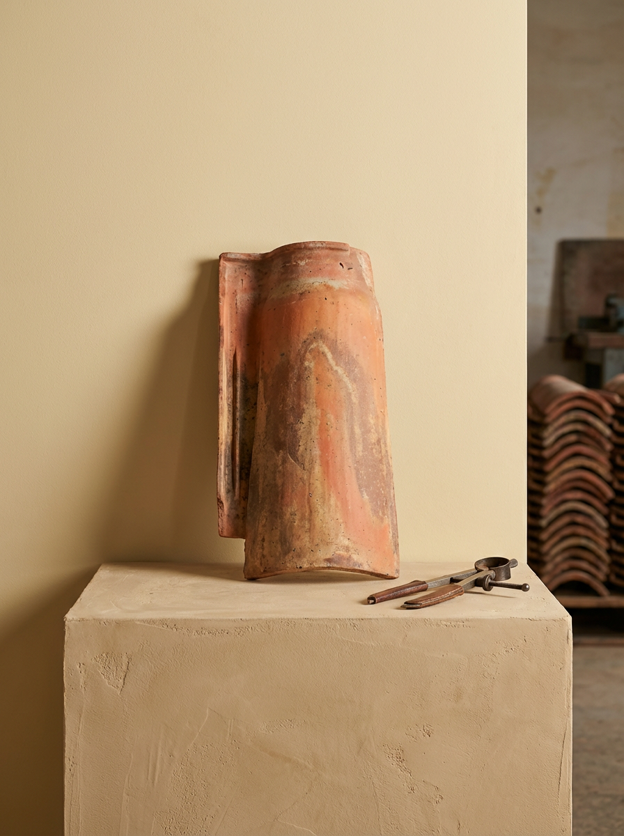 A weathered terracotta roofing tile and two hand tools on a light-colored pedestal.