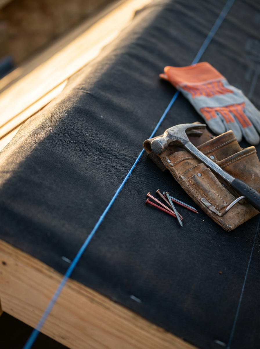 Work gloves, hammer, and nails on a black fabric surface, possibly for construction or carpentry work.
