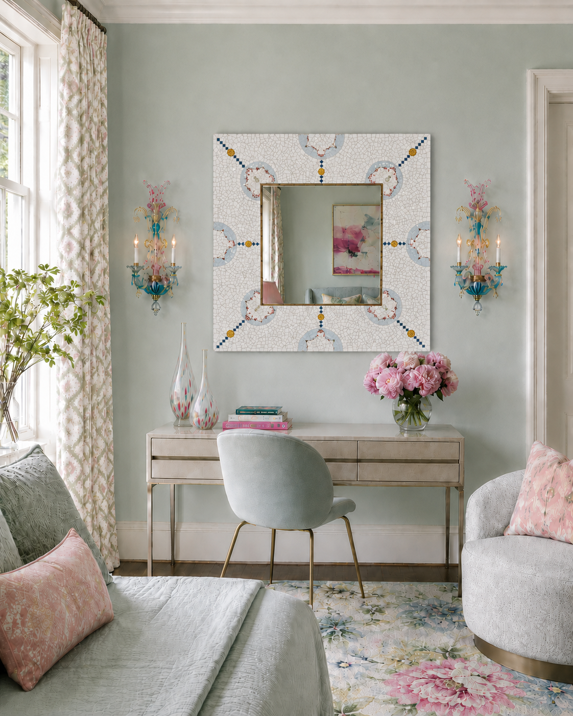A pastel-colored living room corner featuring a light green wall with a large square mirror surrounded by mosaic accents, pink and blue wall sconces with candles, a beige desk with decorative glass vases and a pink floral arrangement, a white upholstered chair, and a floral area rug.