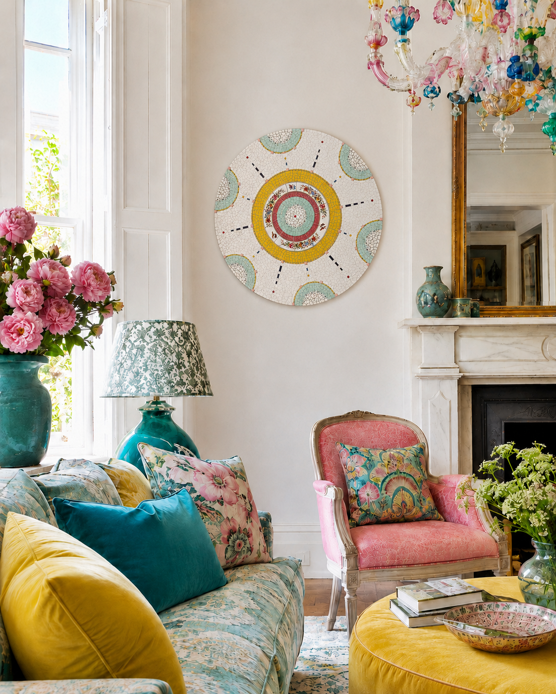 Colorful living room with floral arrangements, patterned pillows, and vibrant furniture. A large round mosaic art is on the wall next to a mirror and fireplace, with a chandelier overhead.