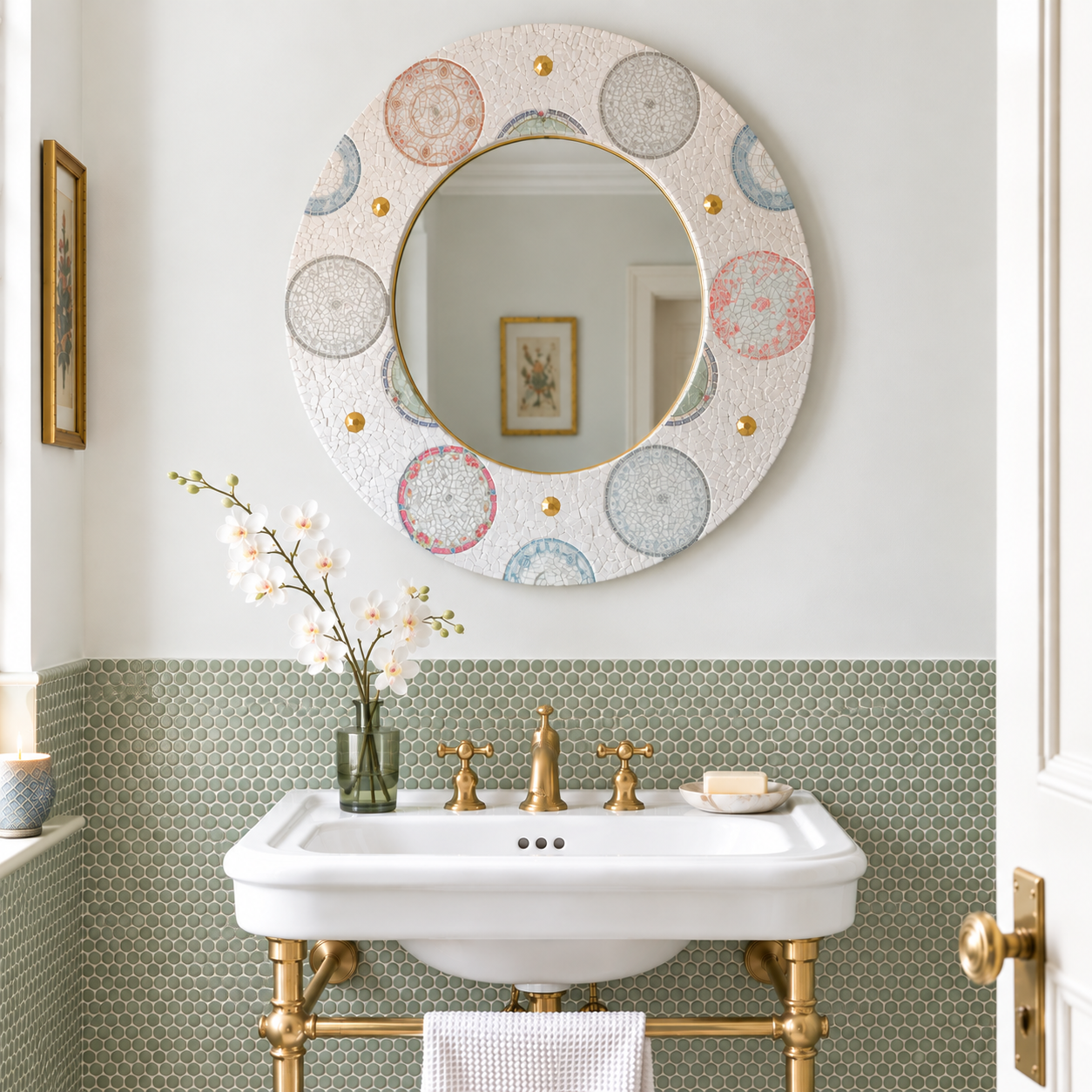 A bathroom vanity with a white sink, gold fixtures, and a decorative mirror with a mosaic frame, above green mosaic tile walls, decorated with a vase of white flowers and a soap dish.