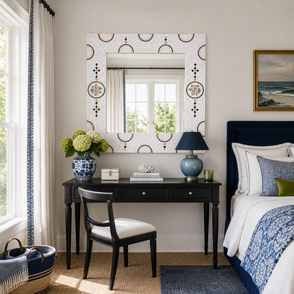 A bedroom with a black desk holding a blue vase with green and white flowers, a white coral decor, books, a black table lamp, a small green candle holder, and a jewelry box. A mirror with patterned border hangs above the desk, reflecting a window with white curtains and views of green foliage outside. To the right, part of a bed with blue and white bedding and a dark blue headboard is visible, along with a framed ocean scene painting on the wall.
