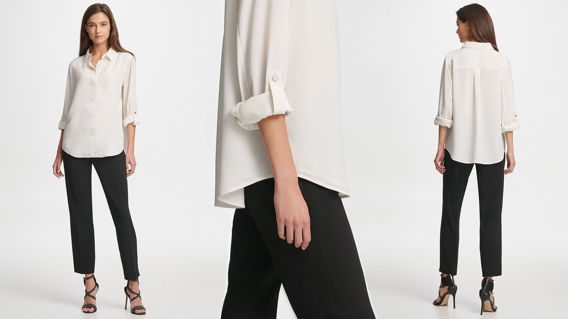 Three views of a model wearing a white blouse and black trousers